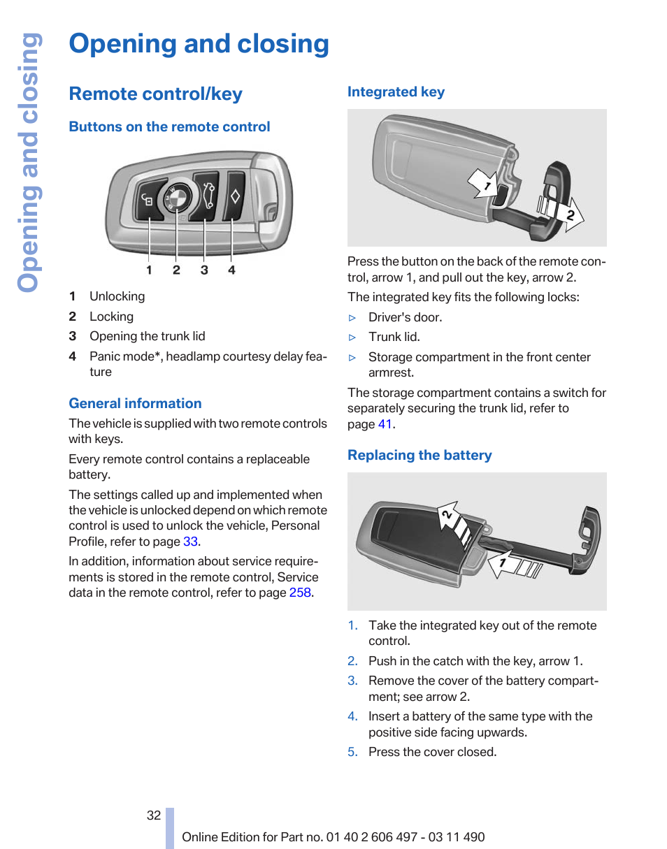 Opening and closing, Remote control/key | BMW 760Li Sedan 2012 User Manual | Page 32 / 299