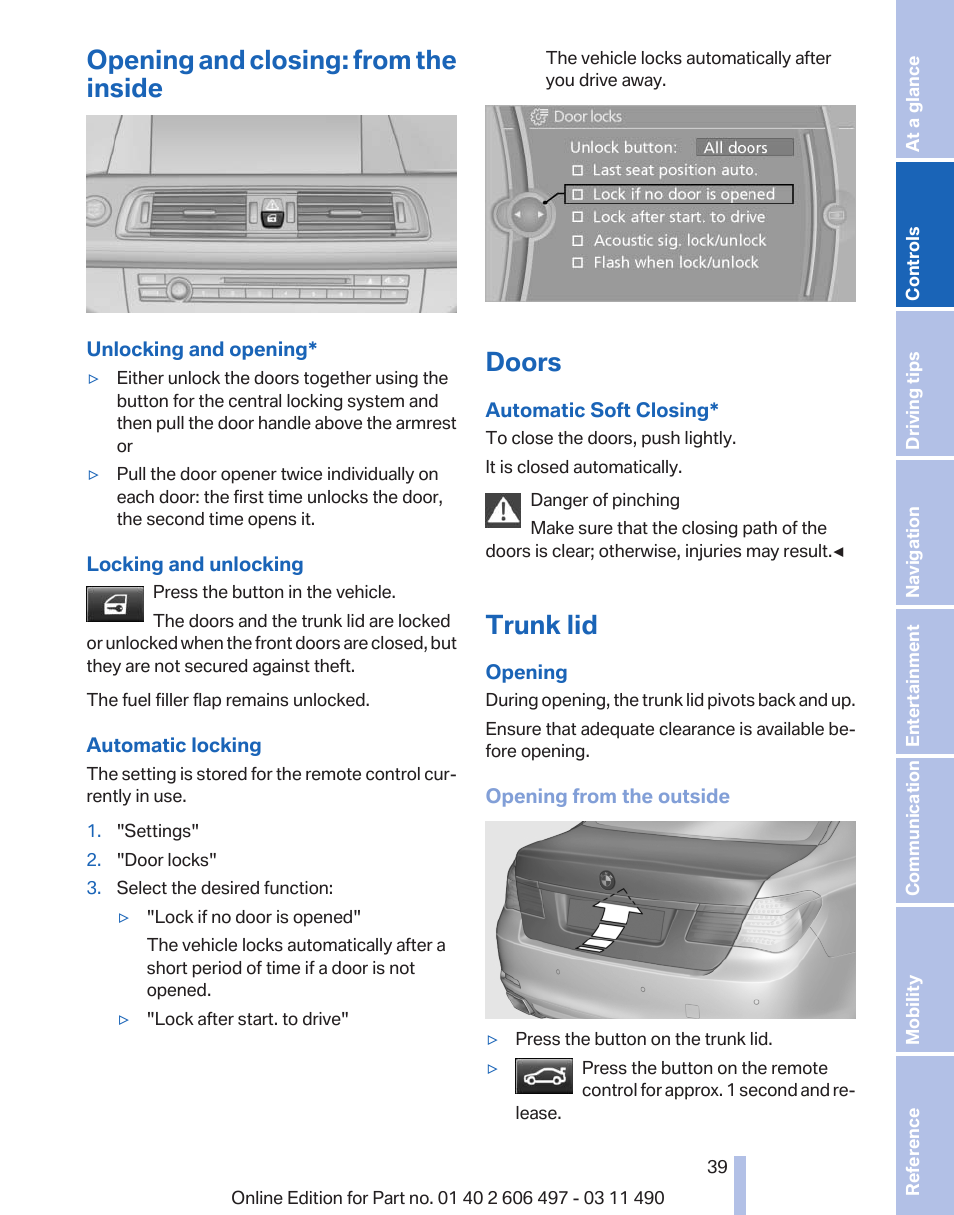 Opening and closing: from the inside, Doors, Trunk lid | After | BMW 760Li Sedan 2012 User Manual | Page 39 / 299
