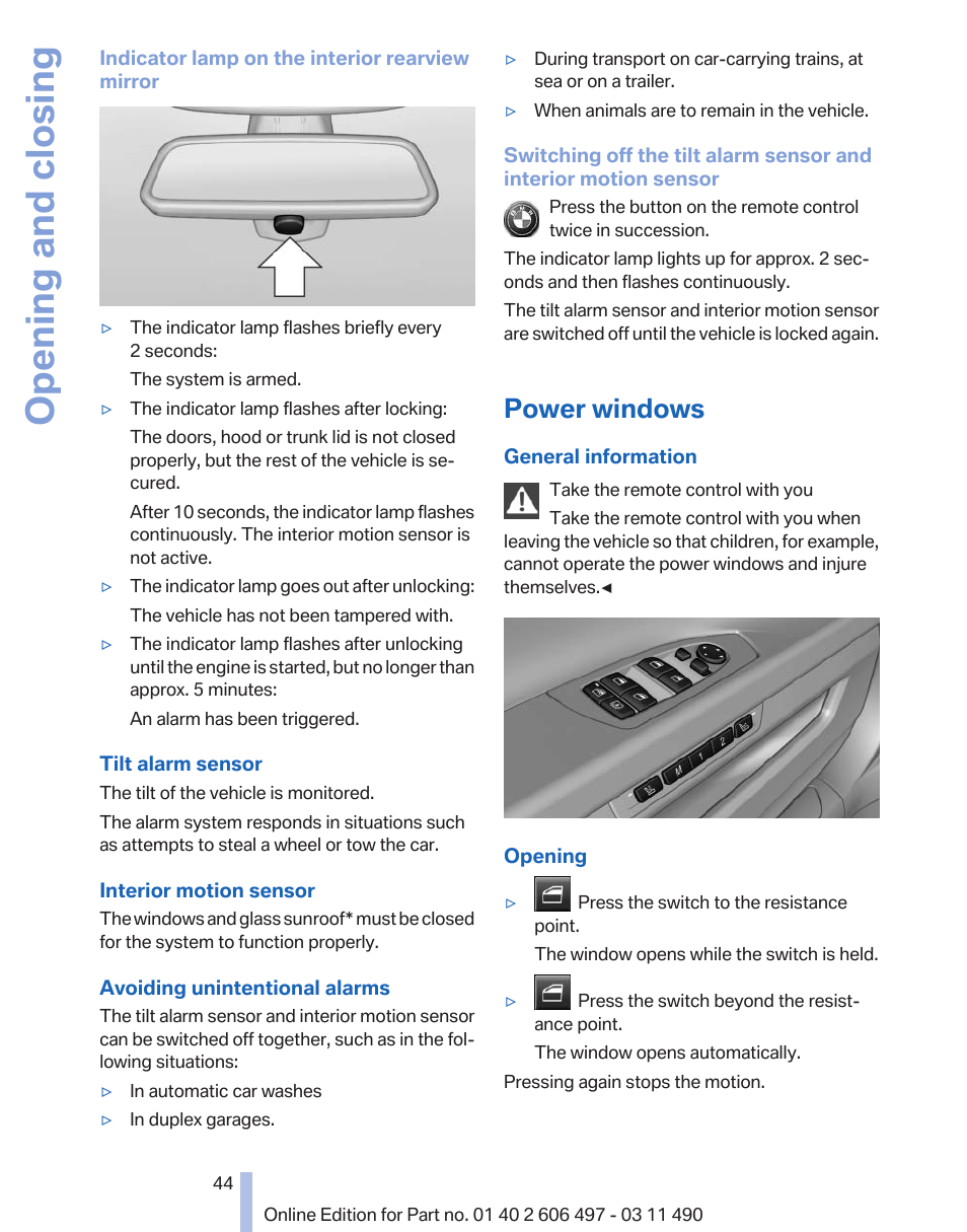 Power windows, Opening and closing | BMW 760Li Sedan 2012 User Manual | Page 44 / 299