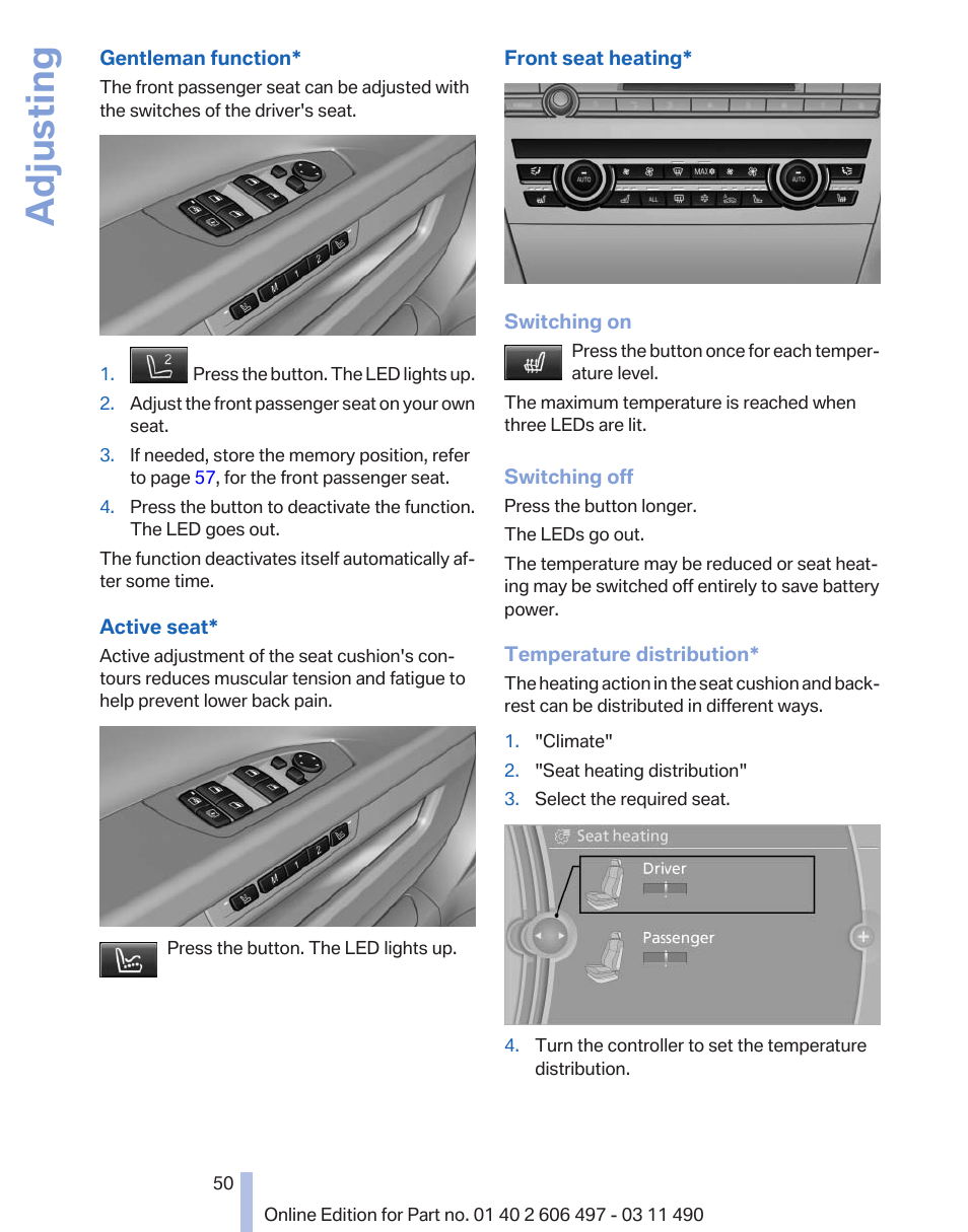 Gentleman function, Active seat, Adjusting | BMW 760Li Sedan 2012 User Manual | Page 50 / 299