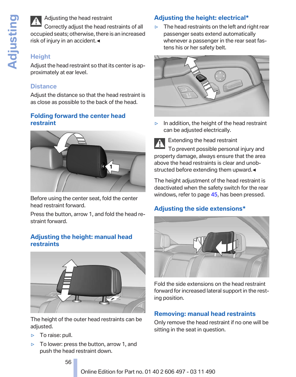 Adjusting | BMW 760Li Sedan 2012 User Manual | Page 56 / 299