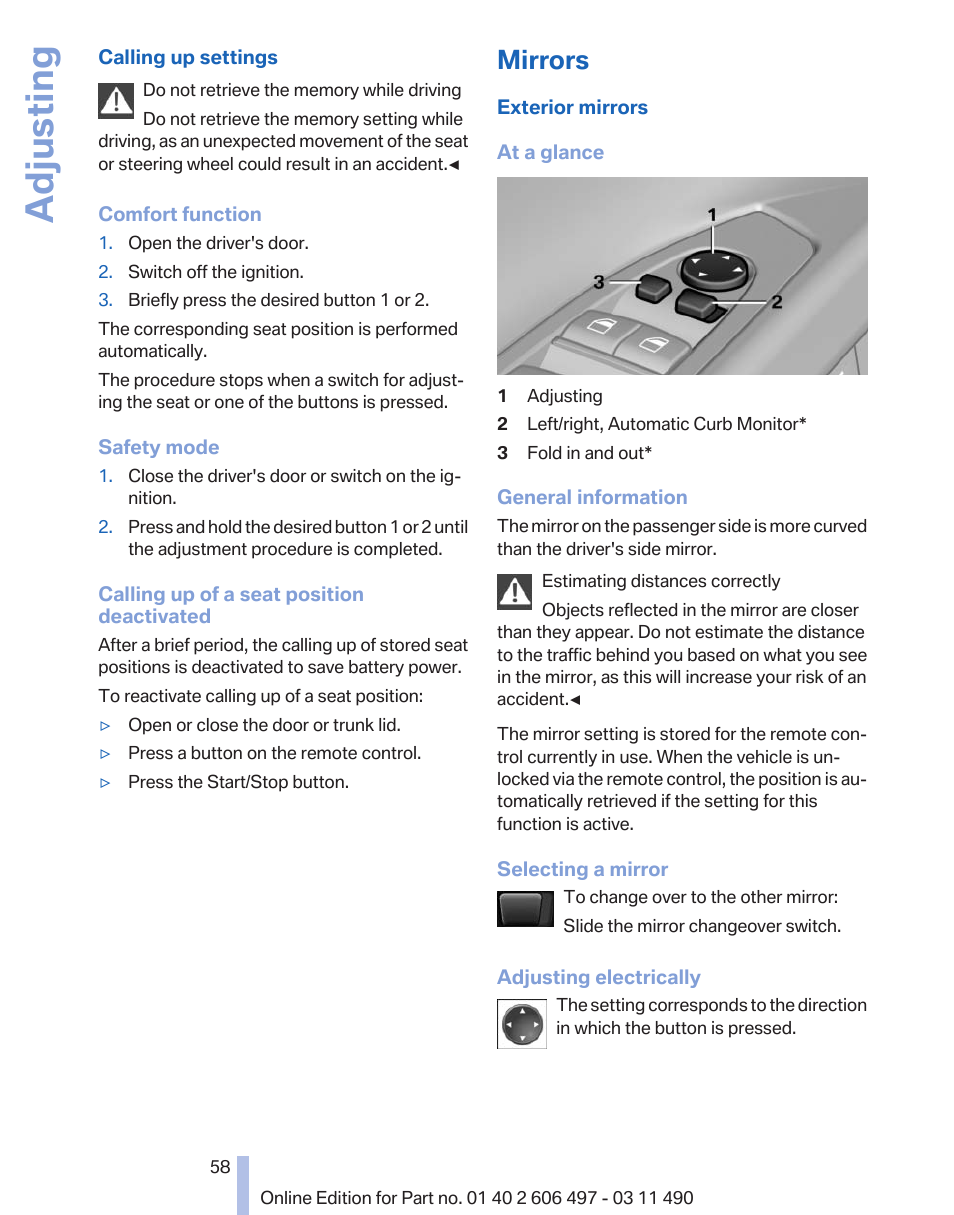 Mirrors, Exterior mirror operation, Adjusting | BMW 760Li Sedan 2012 User Manual | Page 58 / 299