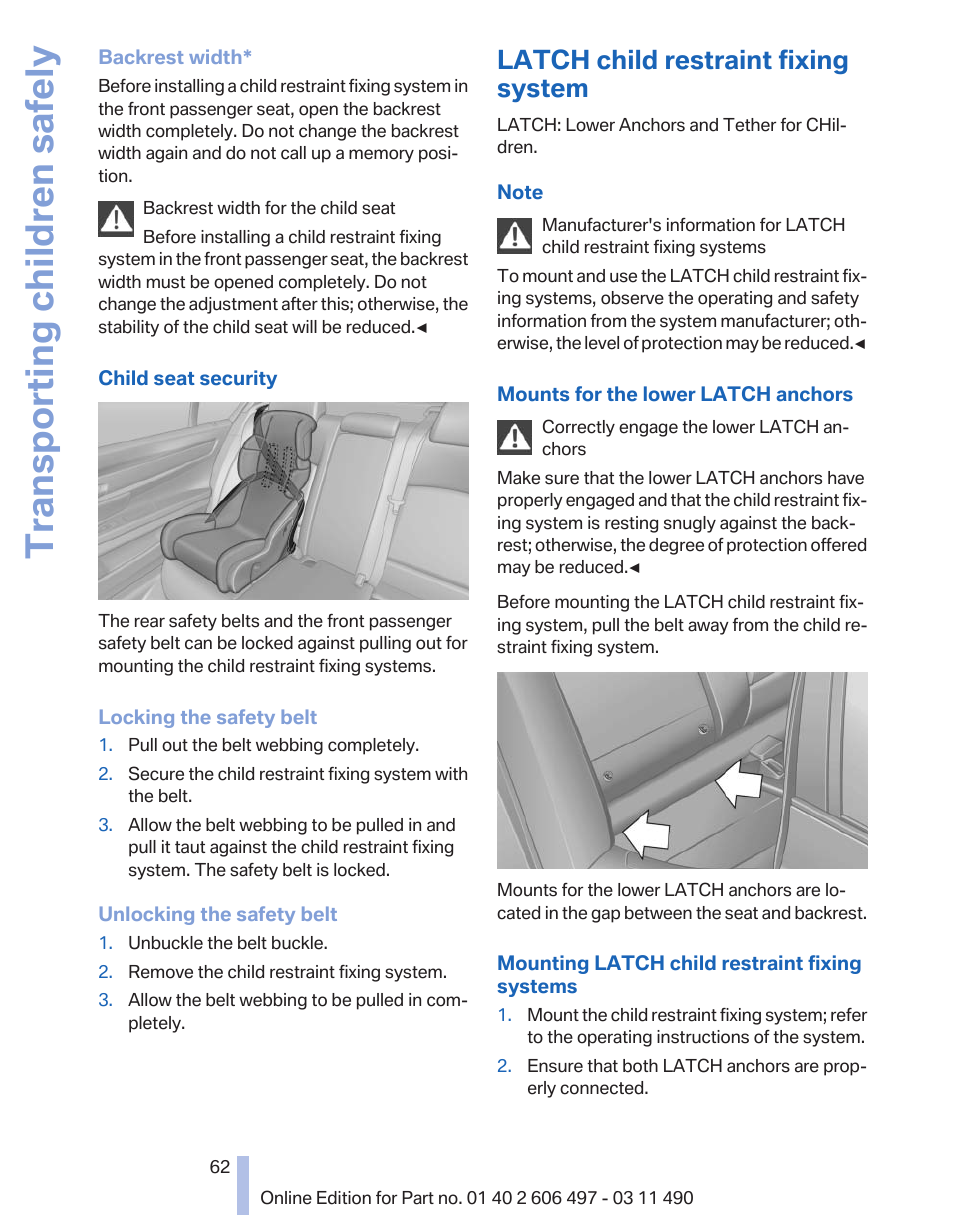 Latch child restraint fixing system, Transporting children safely | BMW 760Li Sedan 2012 User Manual | Page 62 / 299