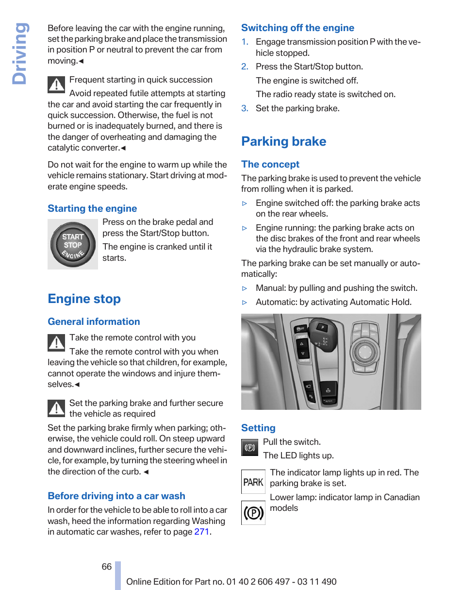 Engine stop, Parking brake, Driving | BMW 760Li Sedan 2012 User Manual | Page 66 / 299