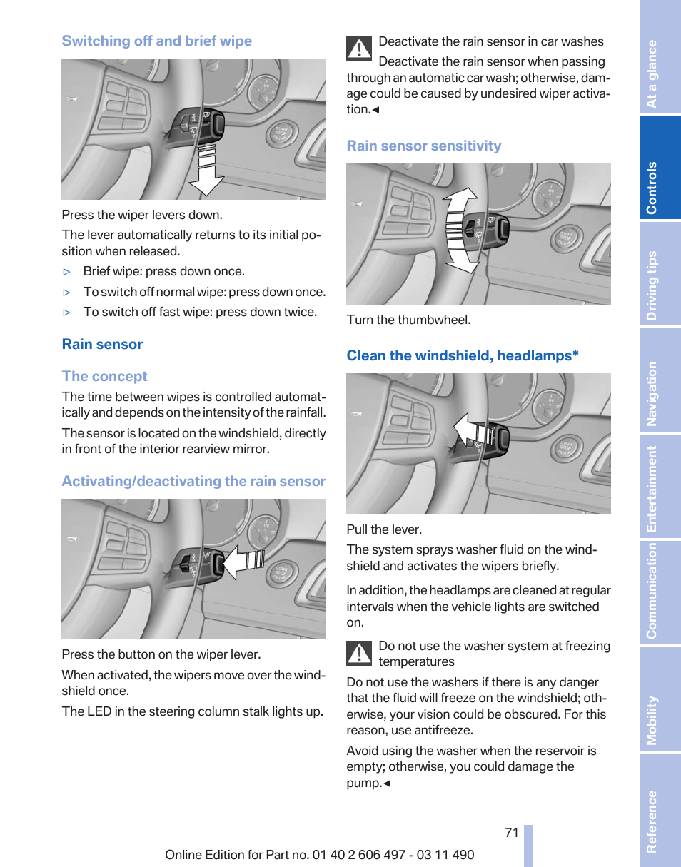 Rain sensor | BMW 760Li Sedan 2012 User Manual | Page 71 / 299