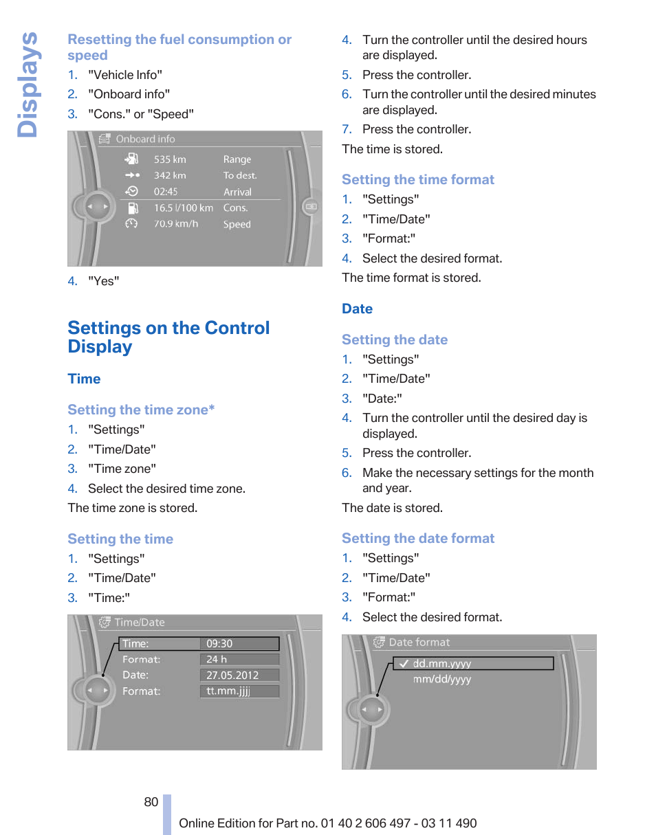 Settings on the control display, Clock, Displays | BMW 760Li Sedan 2012 User Manual | Page 80 / 299