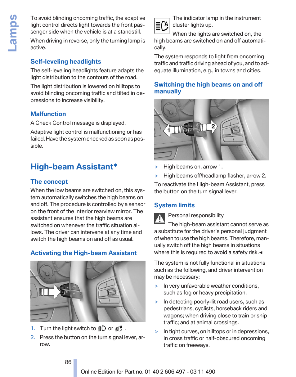 High-beam assistant, Lamps | BMW 760Li Sedan 2012 User Manual | Page 86 / 299