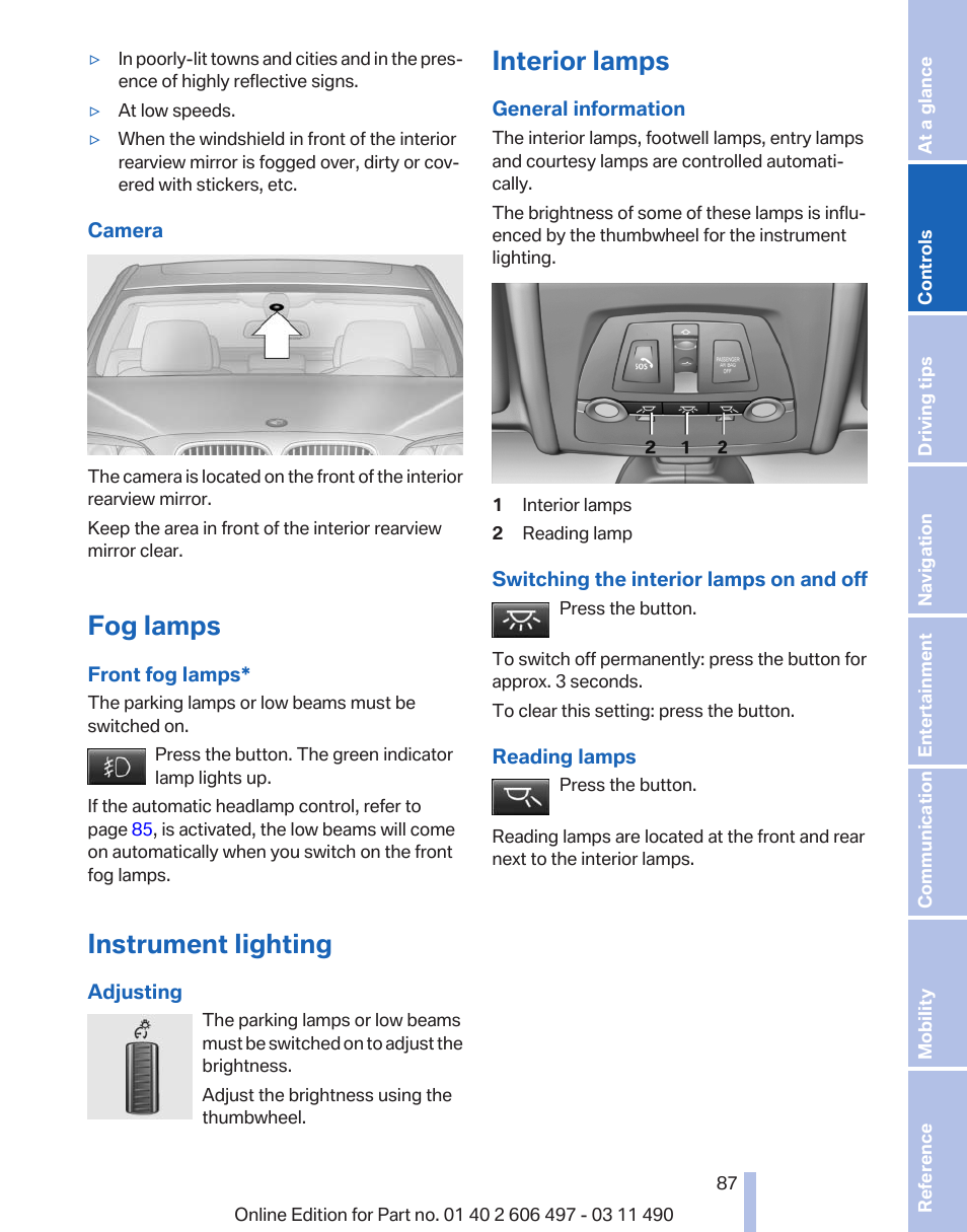 Fog lamps, Instrument lighting, Interior lamps | BMW 760Li Sedan 2012 User Manual | Page 87 / 299