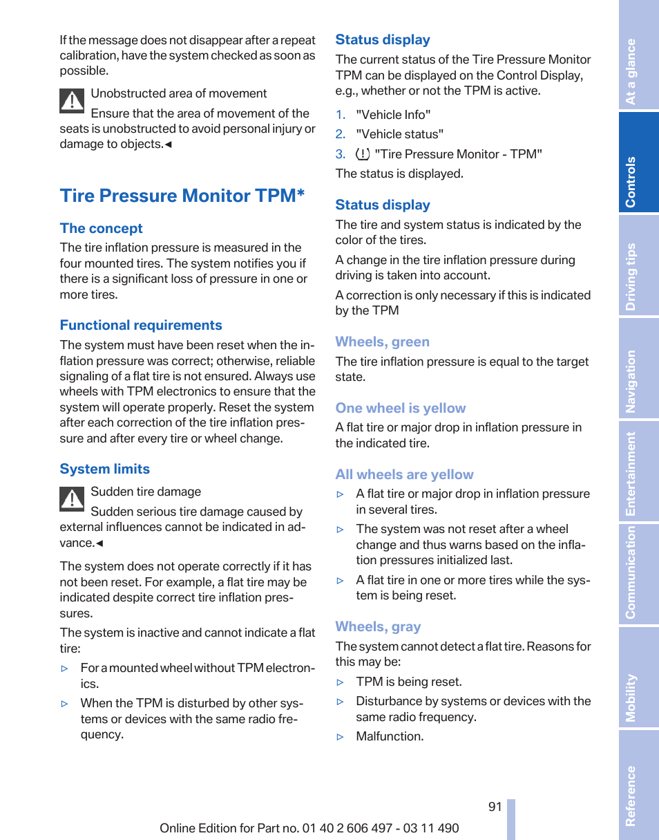 Tire pressure monitor tpm | BMW 760Li Sedan 2012 User Manual | Page 91 / 299