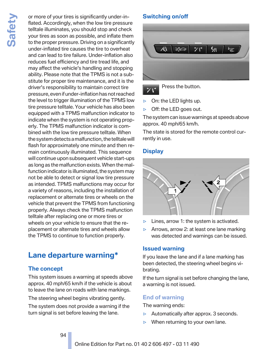 Lane departure warning, Safety | BMW 760Li Sedan 2012 User Manual | Page 94 / 299