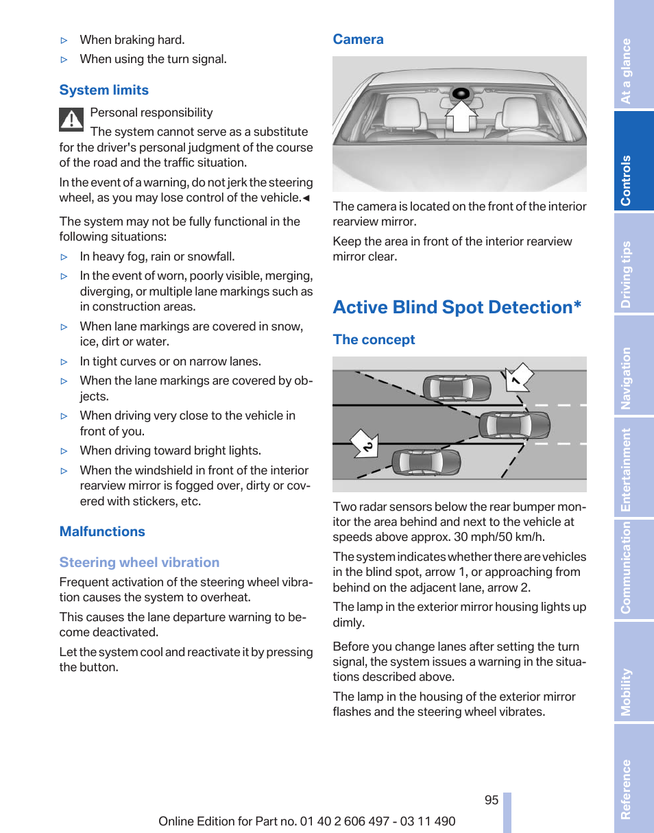 Active blind spot detection, Last setting, on/off | BMW 760Li Sedan 2012 User Manual | Page 95 / 299