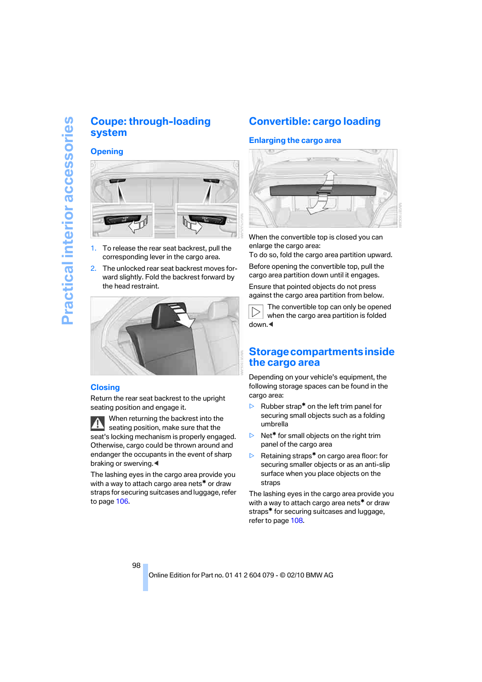 Coupe: through-loading system, Convertible: cargo loading, Storage compartments inside the cargo area | Practical interi or acc ess orie s | BMW 135i Convertible 2011 User Manual | Page 100 / 176