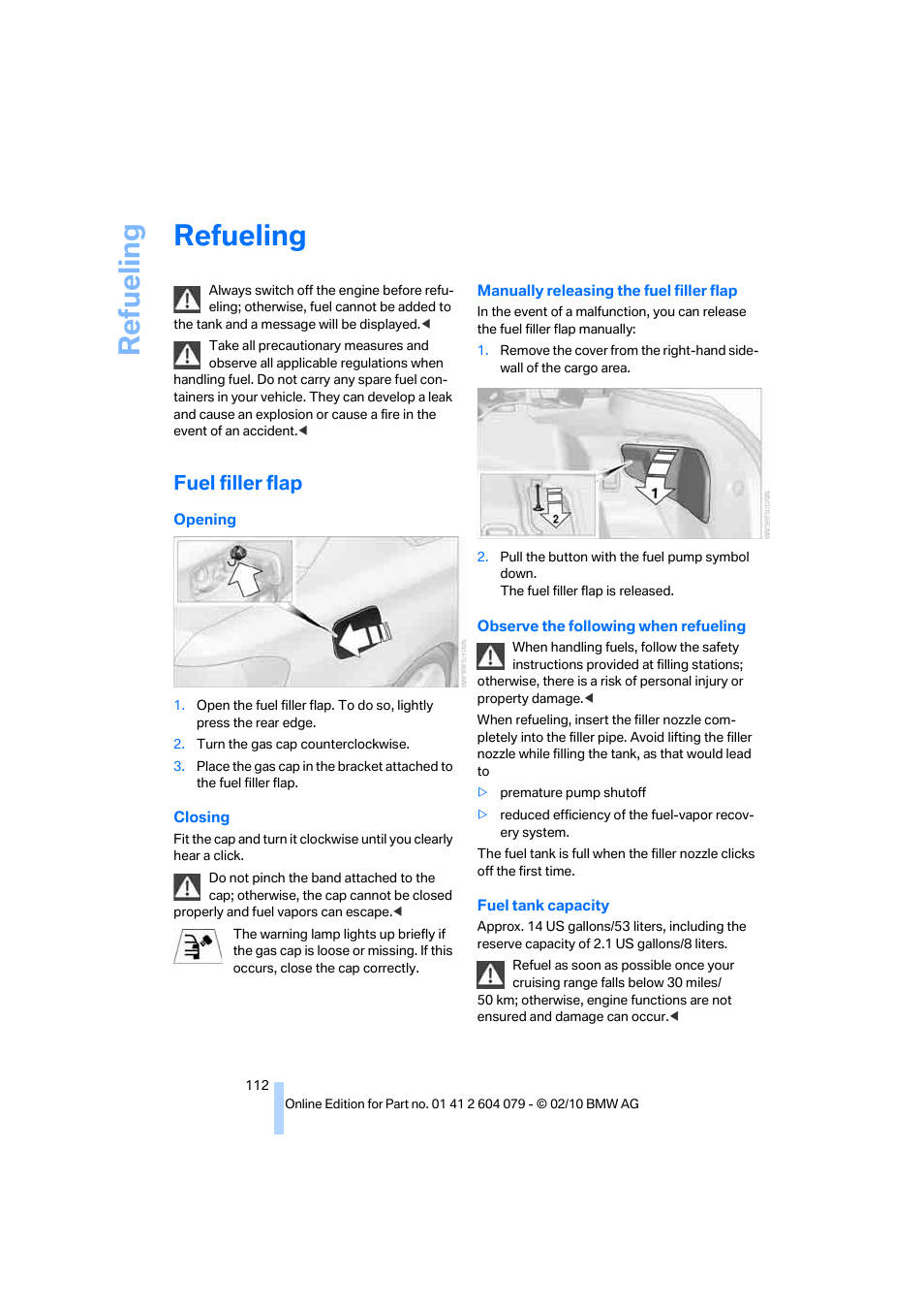 Refueling, Fuel filler flap, Ilit | Re fueling | BMW 135i Convertible 2011 User Manual | Page 114 / 176