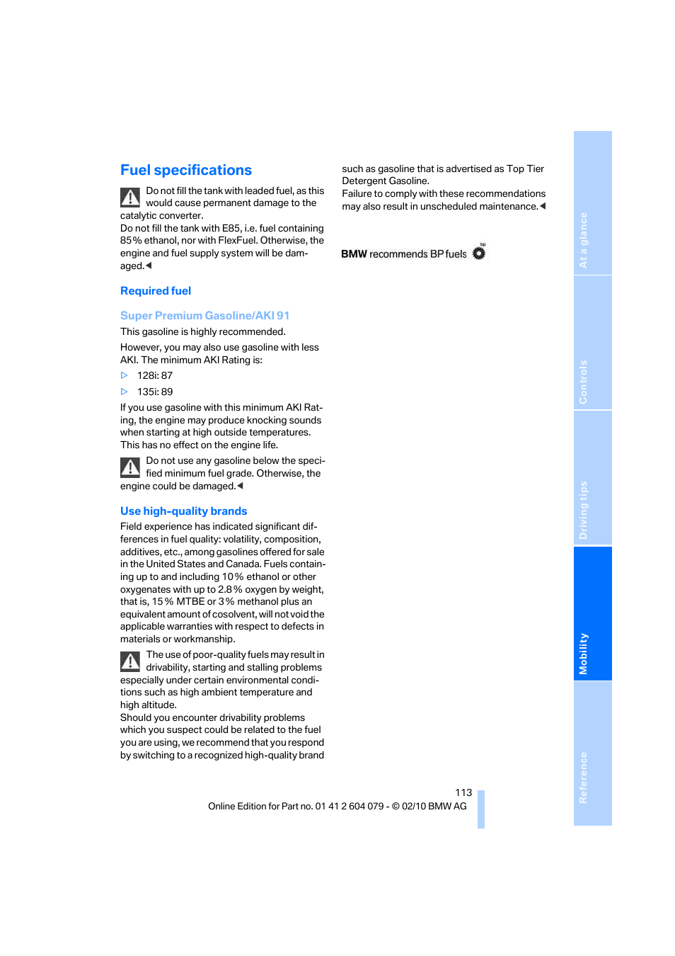 Fuel specifications | BMW 135i Convertible 2011 User Manual | Page 115 / 176