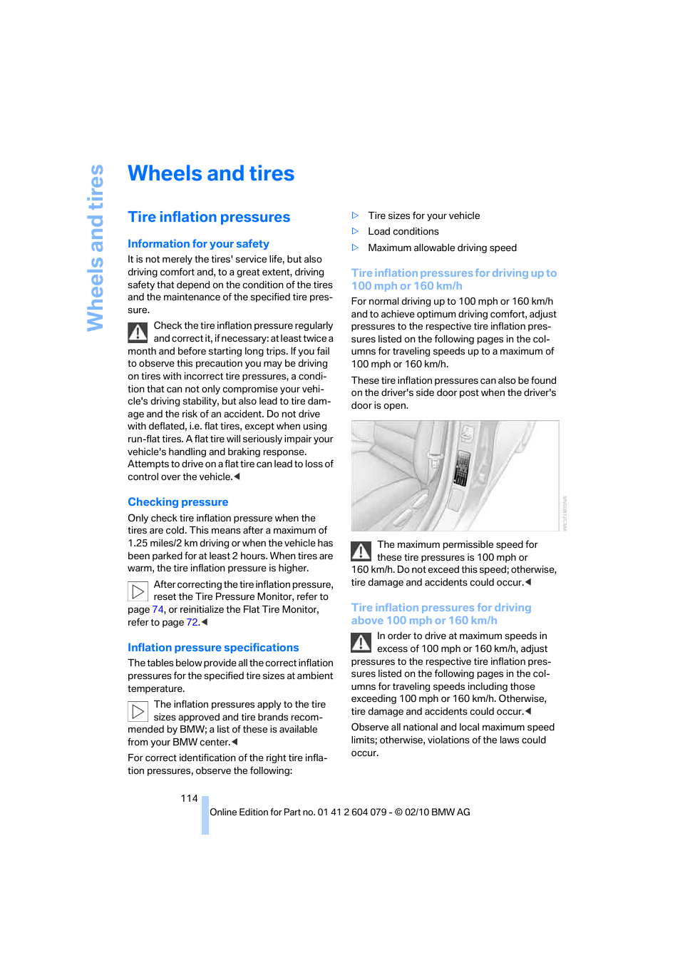 Wheels and tires, Tire inflation pressures, Wh eels and tire s | BMW 135i Convertible 2011 User Manual | Page 116 / 176