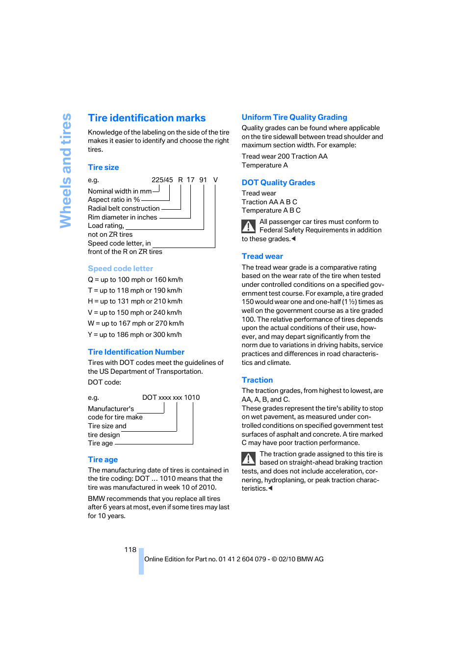 Tire identification marks, Wh eels and tire s | BMW 135i Convertible 2011 User Manual | Page 120 / 176