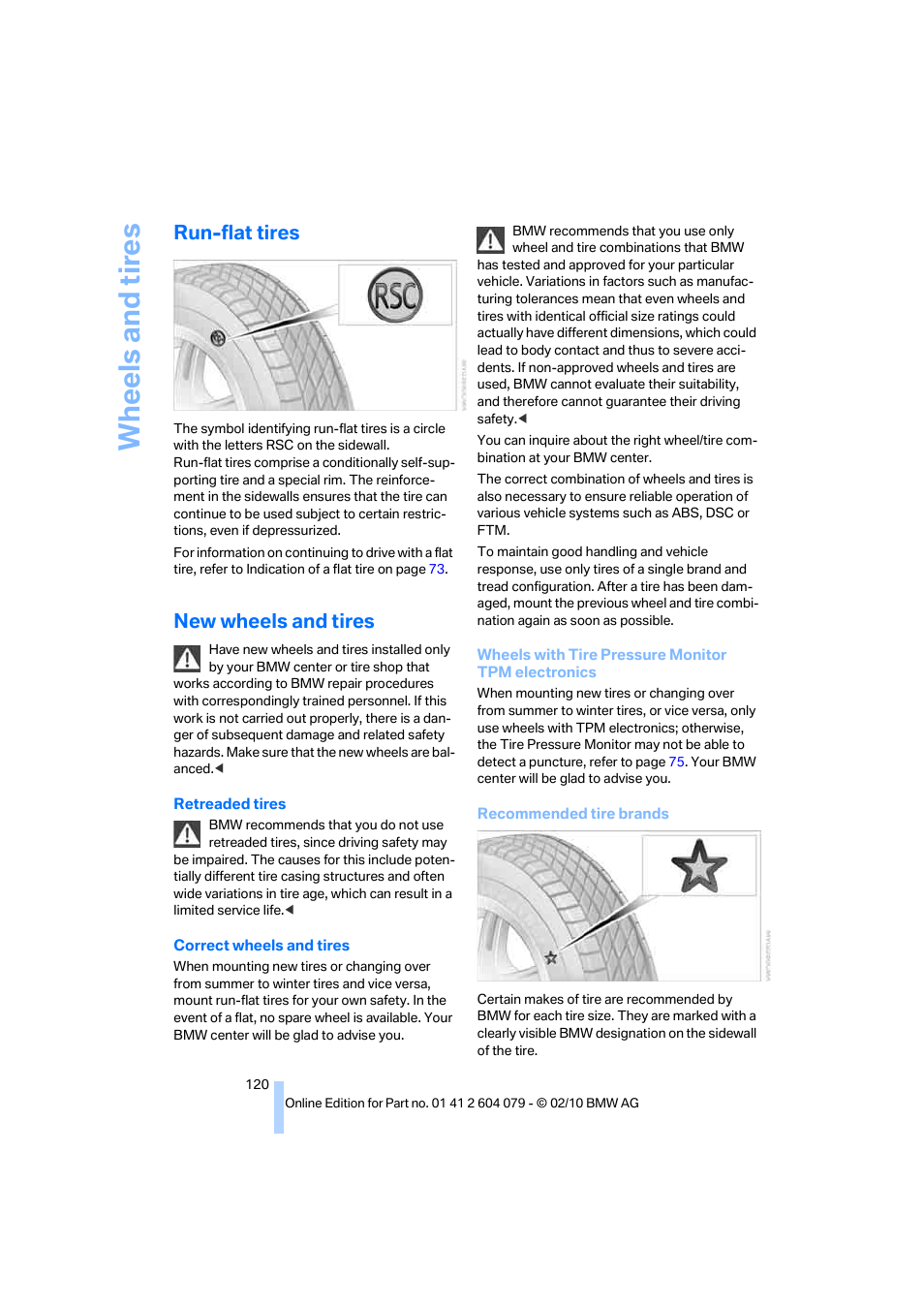 Run-flat tires, New wheels and tires, Wh eels and tire s | BMW 135i Convertible 2011 User Manual | Page 122 / 176