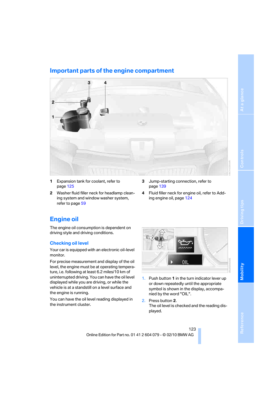 Important parts of the engine compartment, Engine oil | BMW 135i Convertible 2011 User Manual | Page 125 / 176