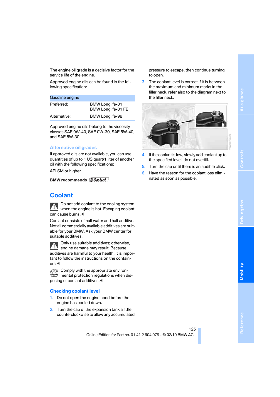 Coolant | BMW 135i Convertible 2011 User Manual | Page 127 / 176