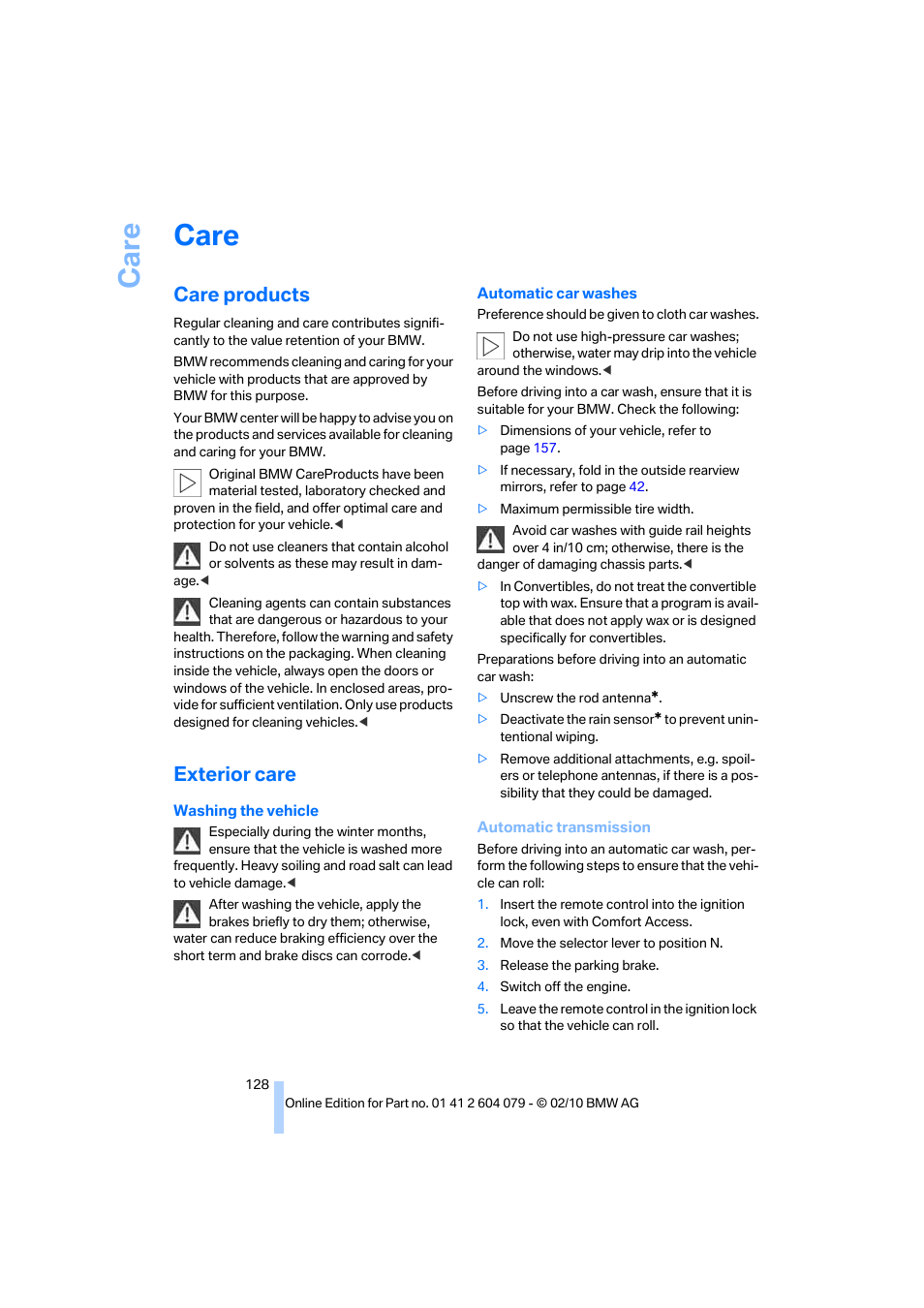 Care, Care products, Exterior care | BMW 135i Convertible 2011 User Manual | Page 130 / 176