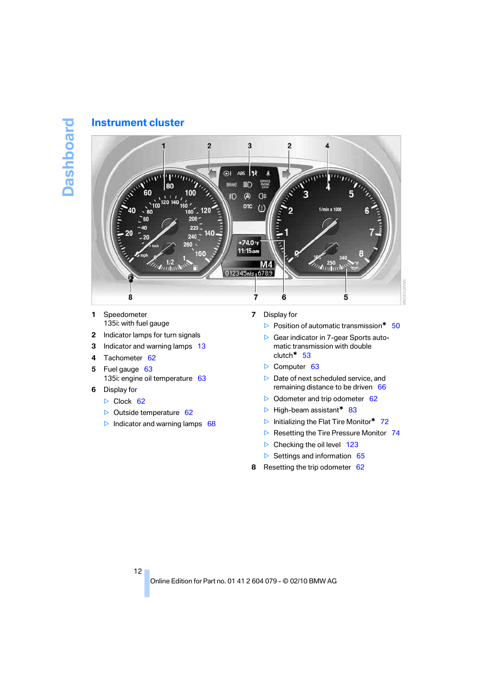 Instrument cluster, Da sh bo ar d | BMW 135i Convertible 2011 User Manual | Page 14 / 176