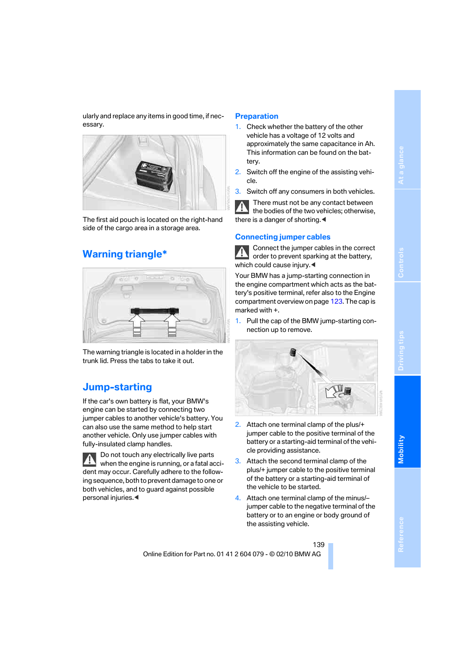 Warning triangle, Jump-starting | BMW 135i Convertible 2011 User Manual | Page 141 / 176