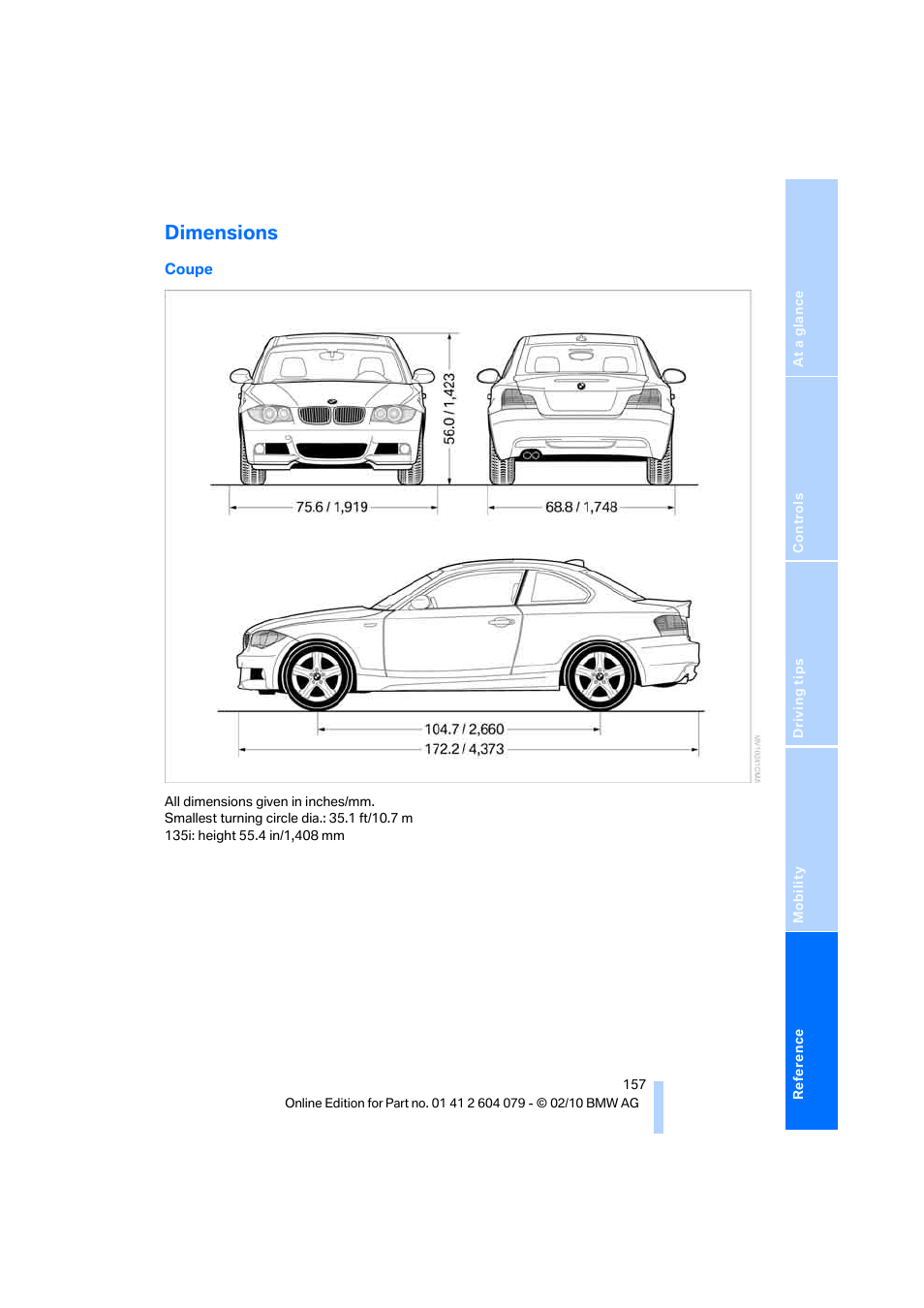 Dimensions | BMW 135i Convertible 2011 User Manual | Page 159 / 176