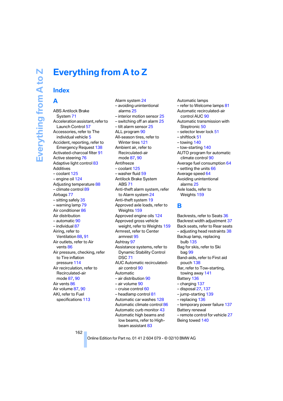 Everything from a to z, Index, Index a | BMW 135i Convertible 2011 User Manual | Page 164 / 176