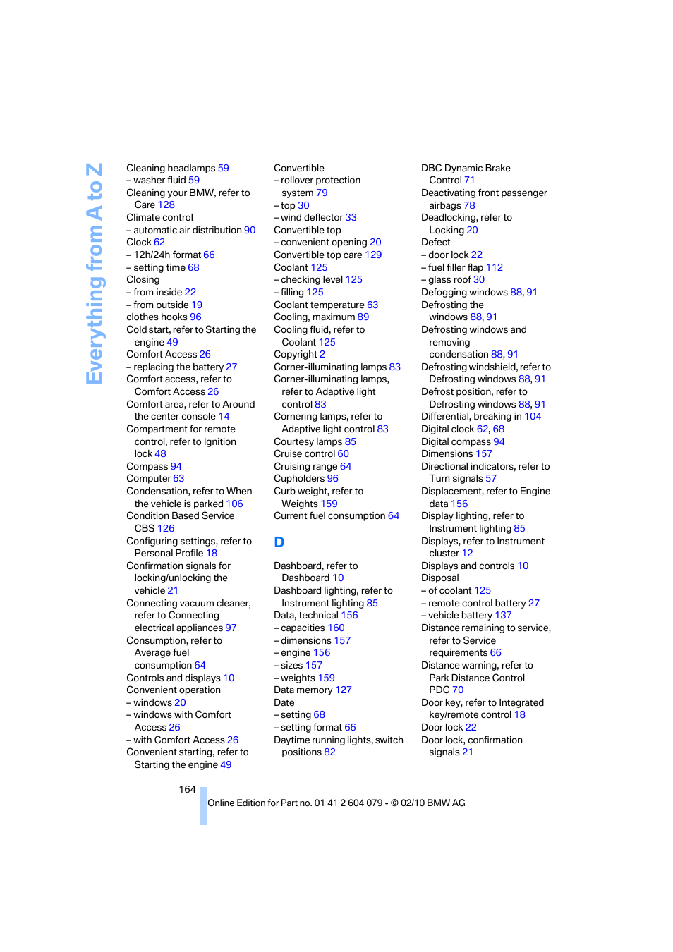 Everything from a to z | BMW 135i Convertible 2011 User Manual | Page 166 / 176