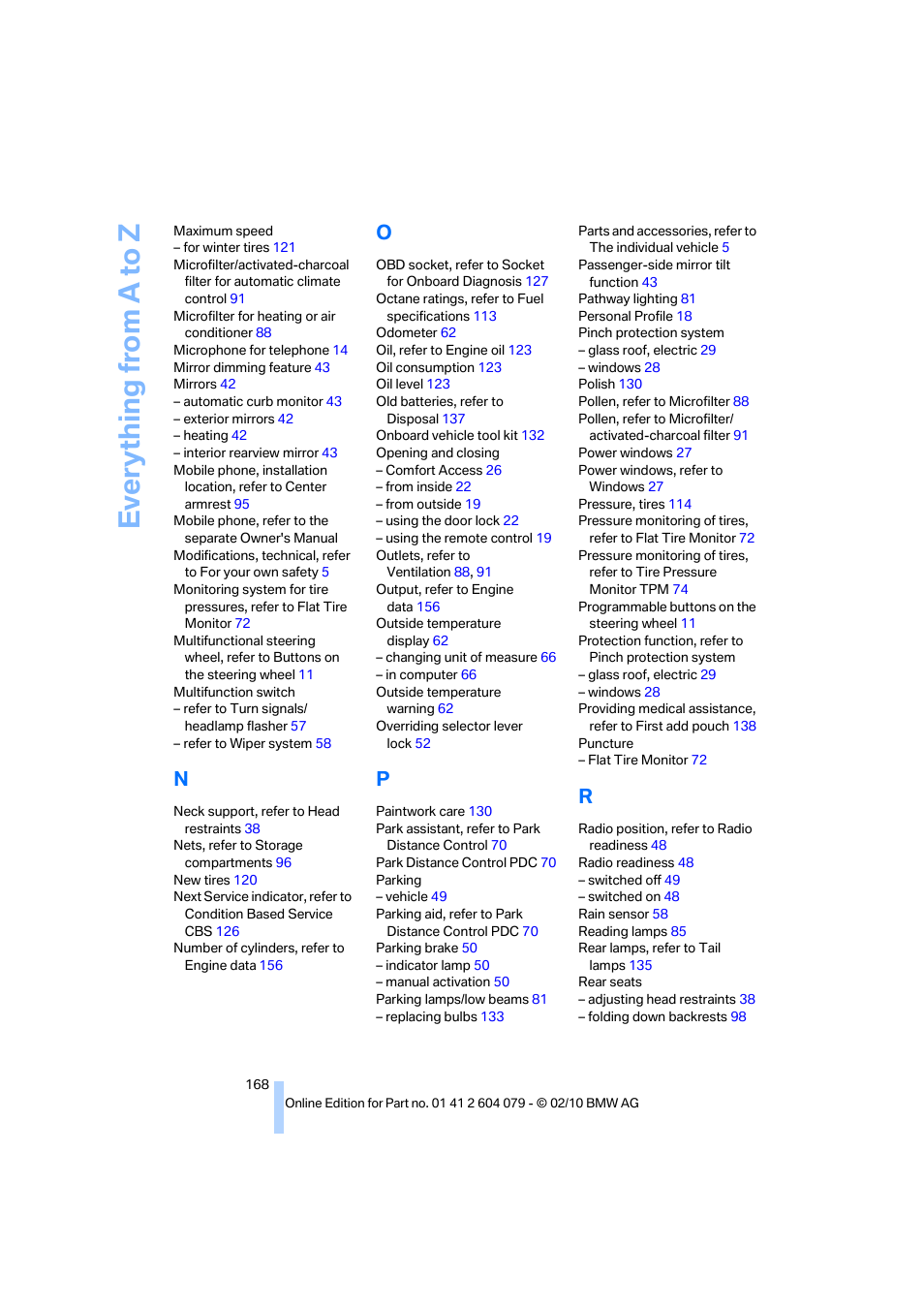 Everything from a to z | BMW 135i Convertible 2011 User Manual | Page 170 / 176