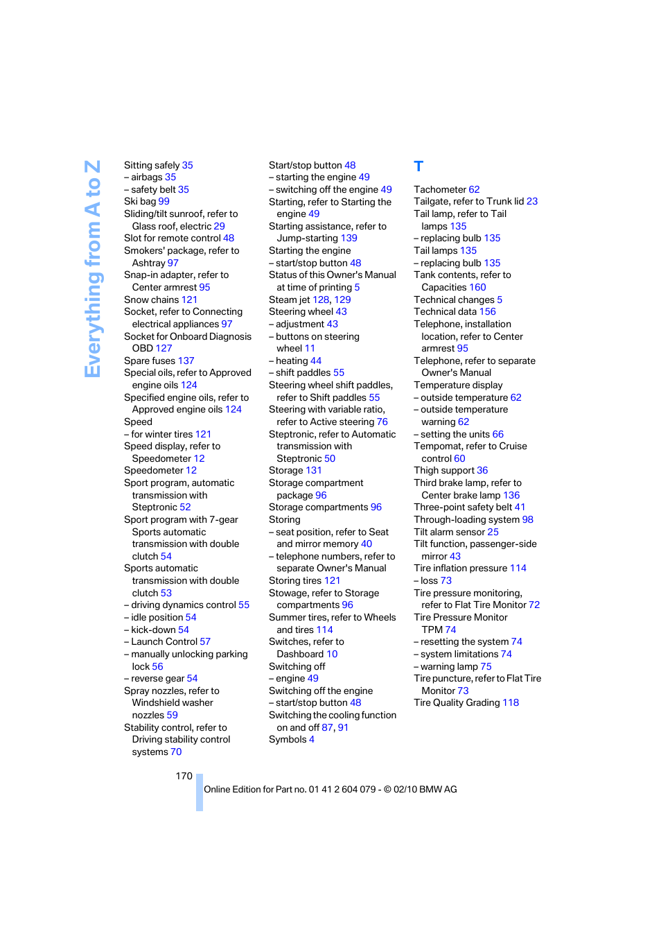 Everything from a to z | BMW 135i Convertible 2011 User Manual | Page 172 / 176