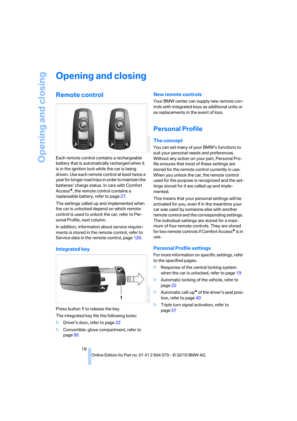 Opening and closing, Remote control, Personal profile | BMW 135i Convertible 2011 User Manual | Page 20 / 176