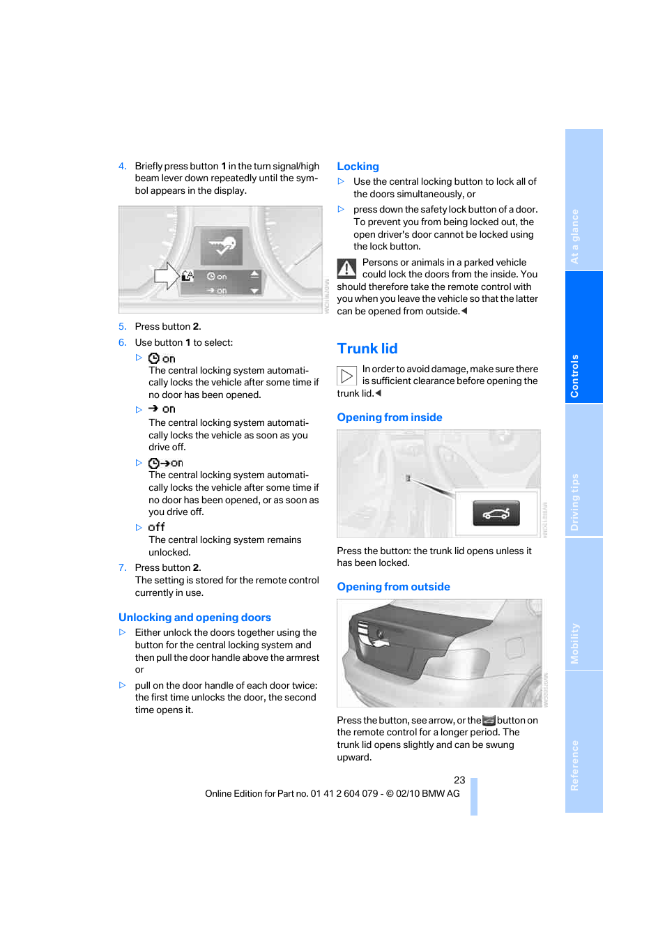 Trunk lid | BMW 135i Convertible 2011 User Manual | Page 25 / 176