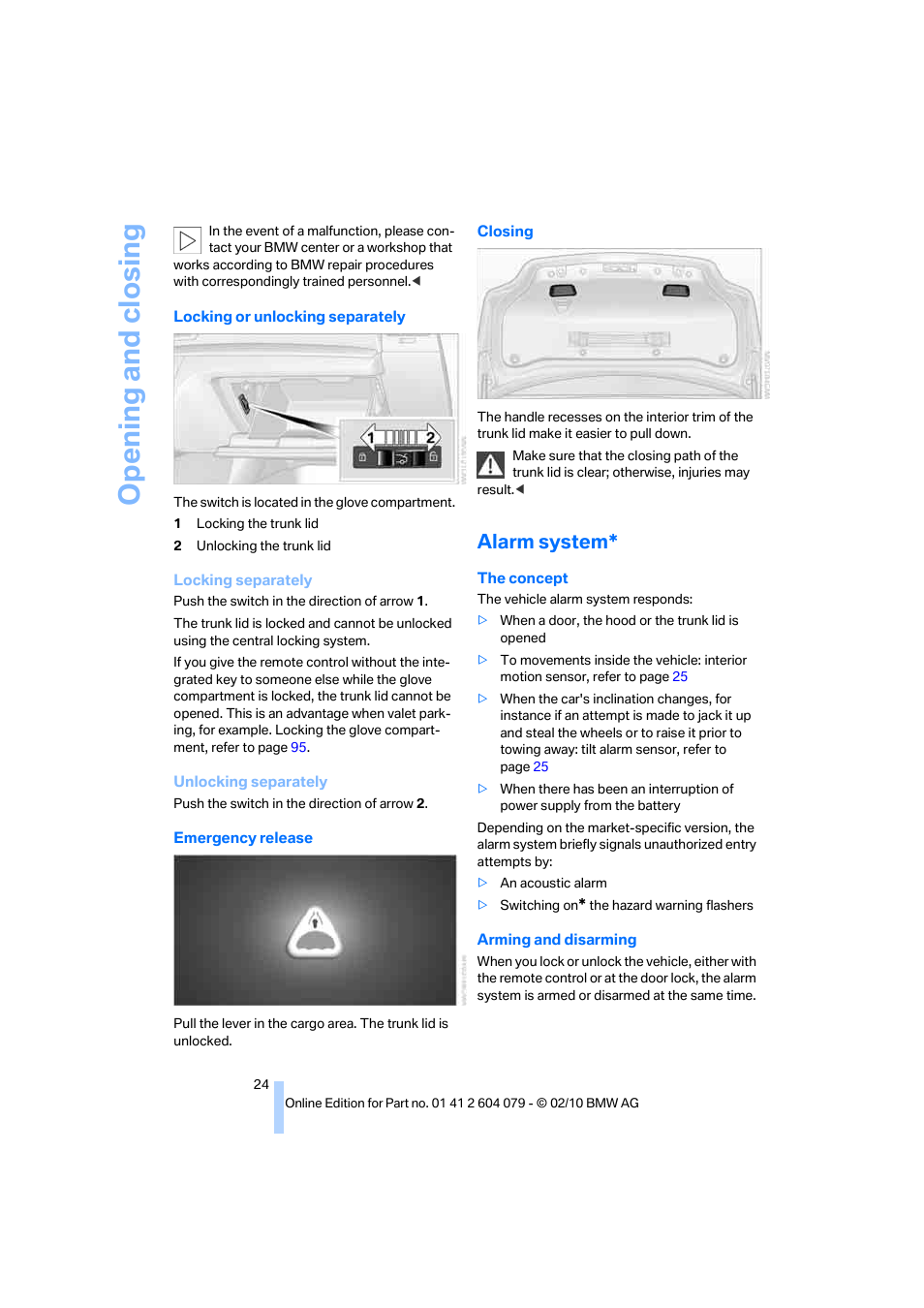Alarm system, Opening and closing | BMW 135i Convertible 2011 User Manual | Page 26 / 176