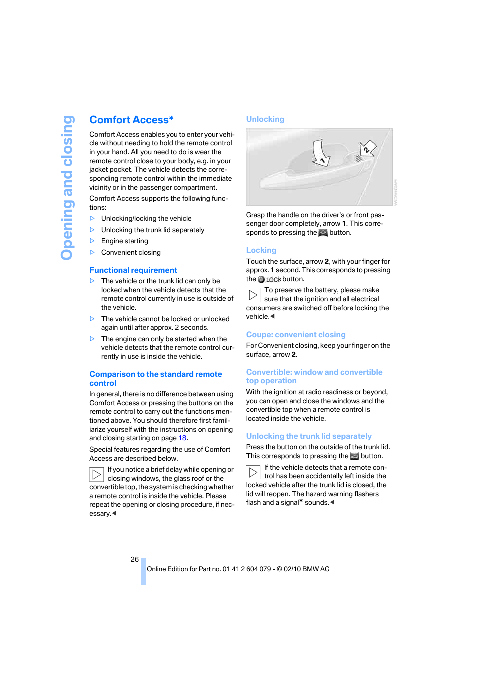 Comfort access, Opening and closing | BMW 135i Convertible 2011 User Manual | Page 28 / 176