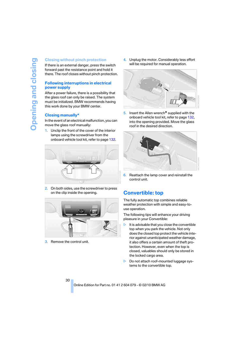 Convertible: top, Opening and closing | BMW 135i Convertible 2011 User Manual | Page 32 / 176