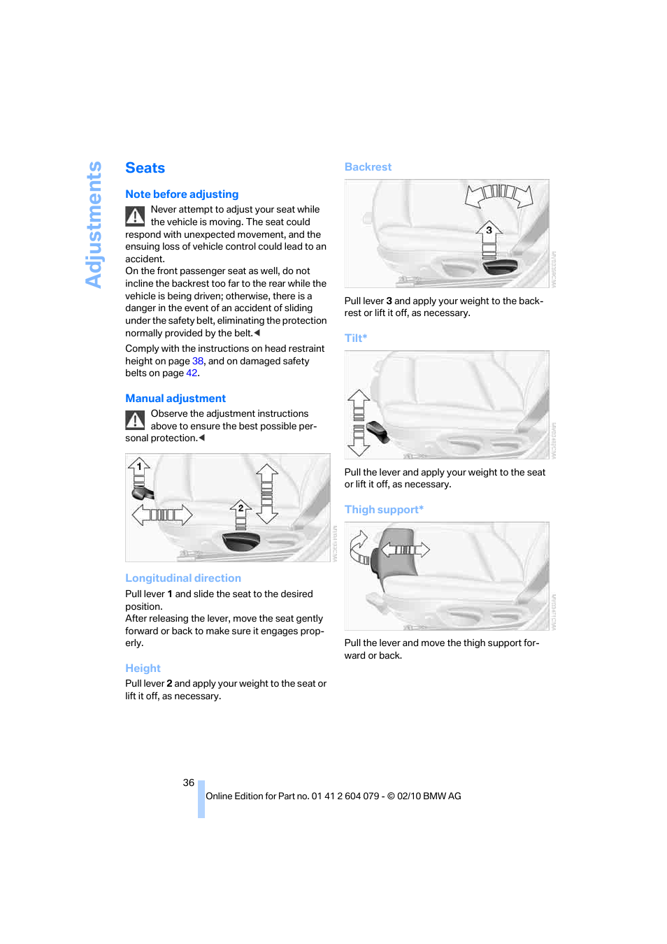 Seats, Adju stmen ts | BMW 135i Convertible 2011 User Manual | Page 38 / 176