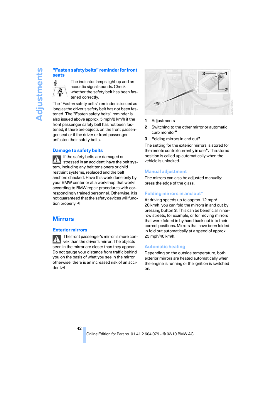 Mirrors, Adju stmen ts | BMW 135i Convertible 2011 User Manual | Page 44 / 176