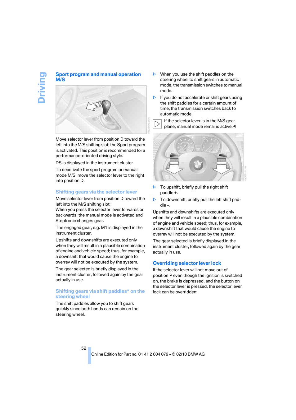 Driving | BMW 135i Convertible 2011 User Manual | Page 54 / 176