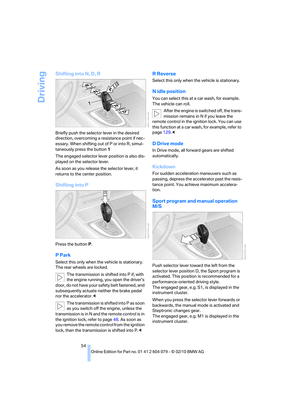 Driving | BMW 135i Convertible 2011 User Manual | Page 56 / 176