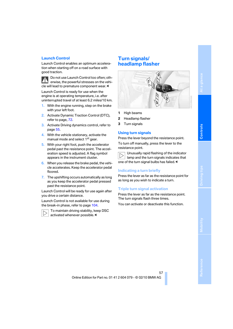 Turn signals/ headlamp flasher | BMW 135i Convertible 2011 User Manual | Page 59 / 176