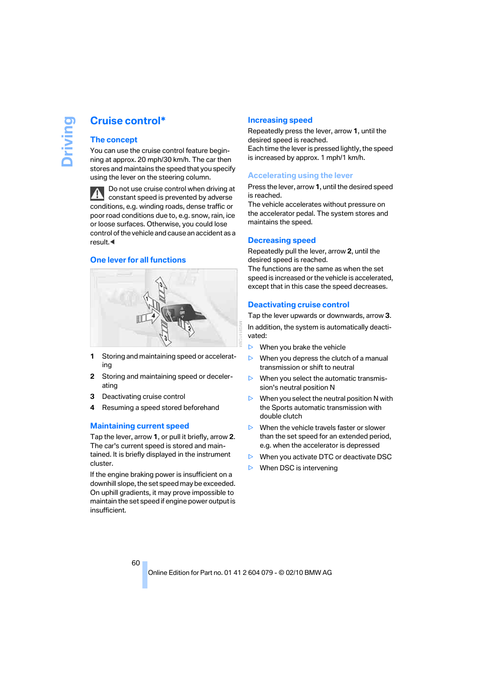 Cruise control, Driving | BMW 135i Convertible 2011 User Manual | Page 62 / 176