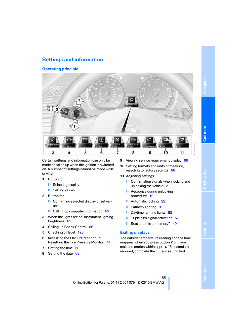 Settings and information | BMW 135i Convertible 2011 User Manual | Page 67 / 176