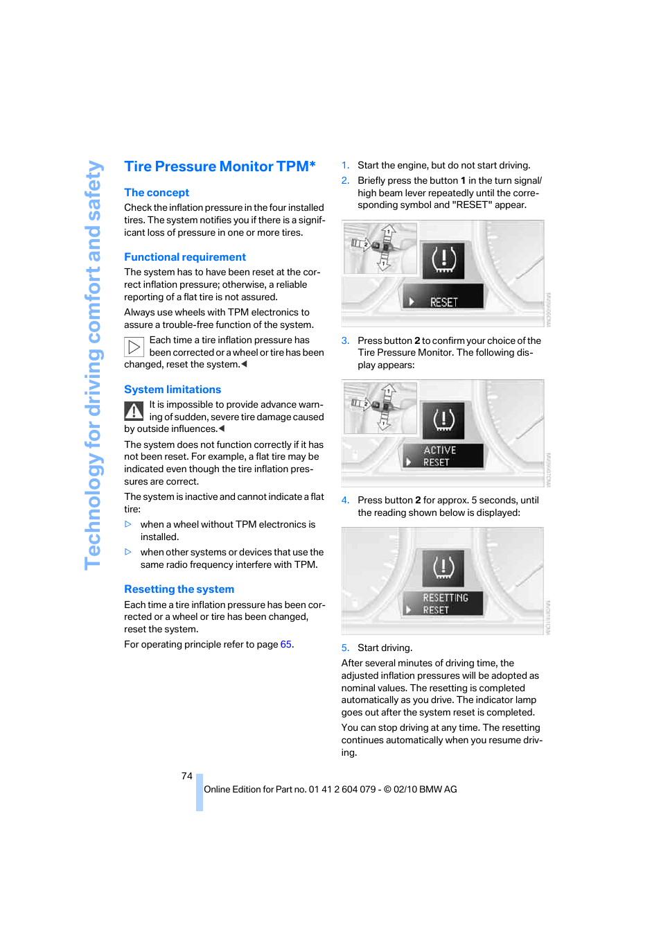 Tire pressure monitor tpm, Te chnology for driving comfort and safe ty | BMW 135i Convertible 2011 User Manual | Page 76 / 176