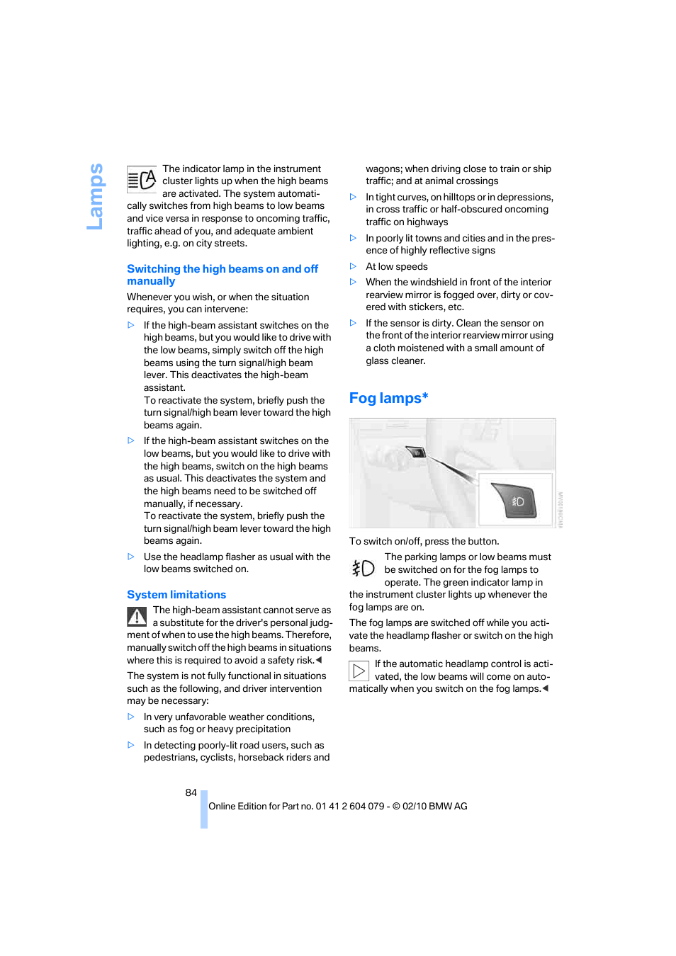 Fog lamps, La mp s | BMW 135i Convertible 2011 User Manual | Page 86 / 176