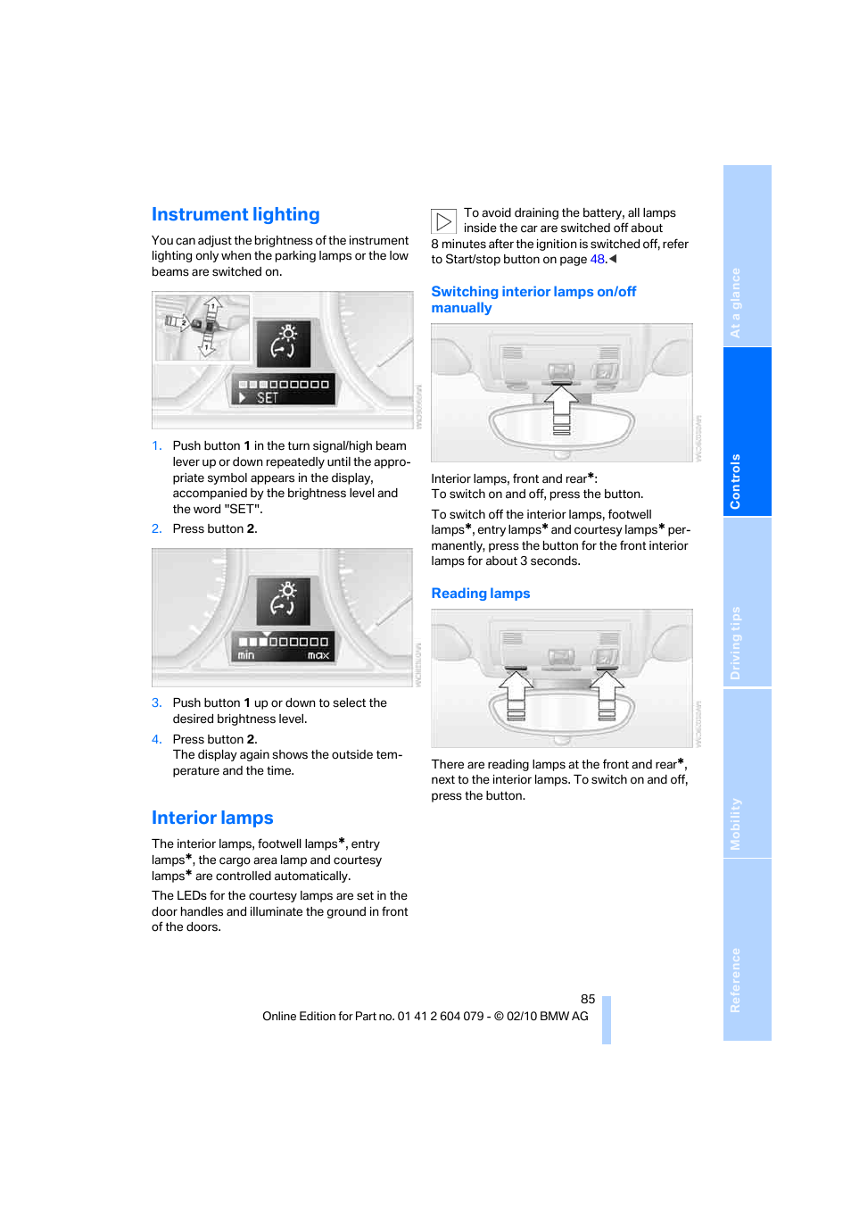 Instrument lighting, Interior lamps | BMW 135i Convertible 2011 User Manual | Page 87 / 176