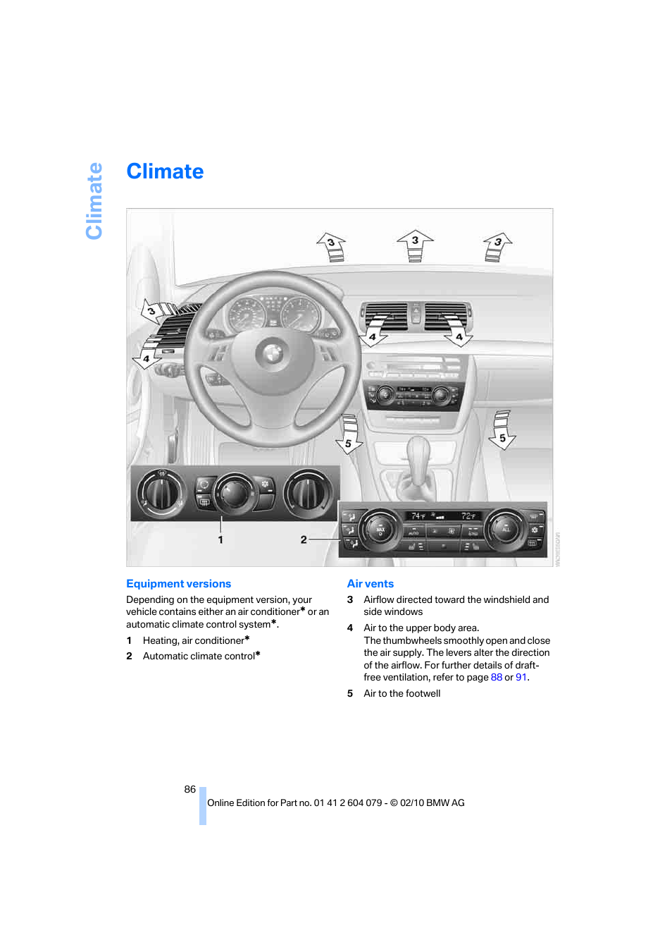 Climate | BMW 135i Convertible 2011 User Manual | Page 88 / 176