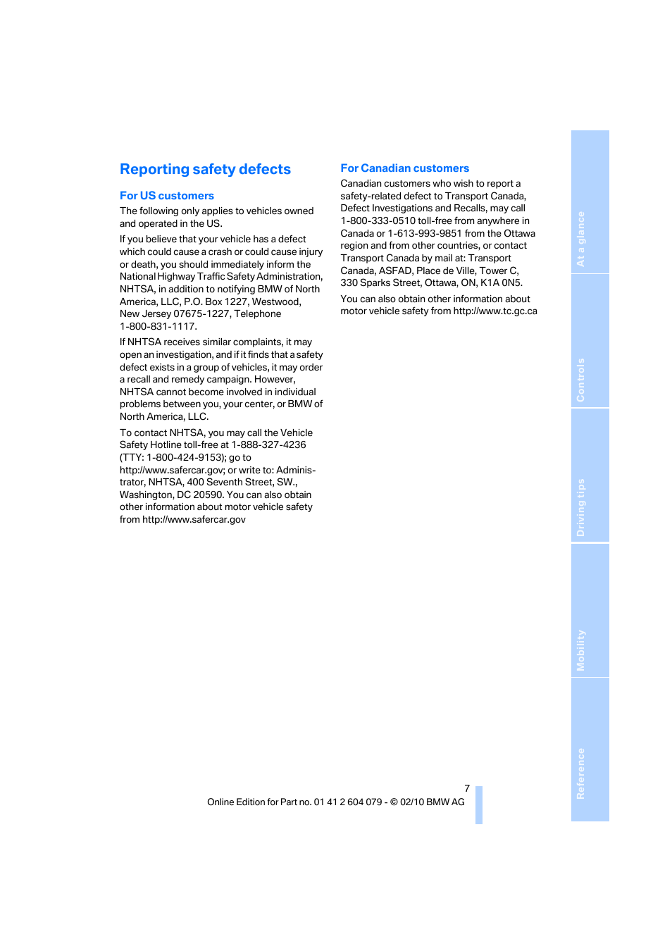 Reporting safety defects | BMW 135i Convertible 2011 User Manual | Page 9 / 176