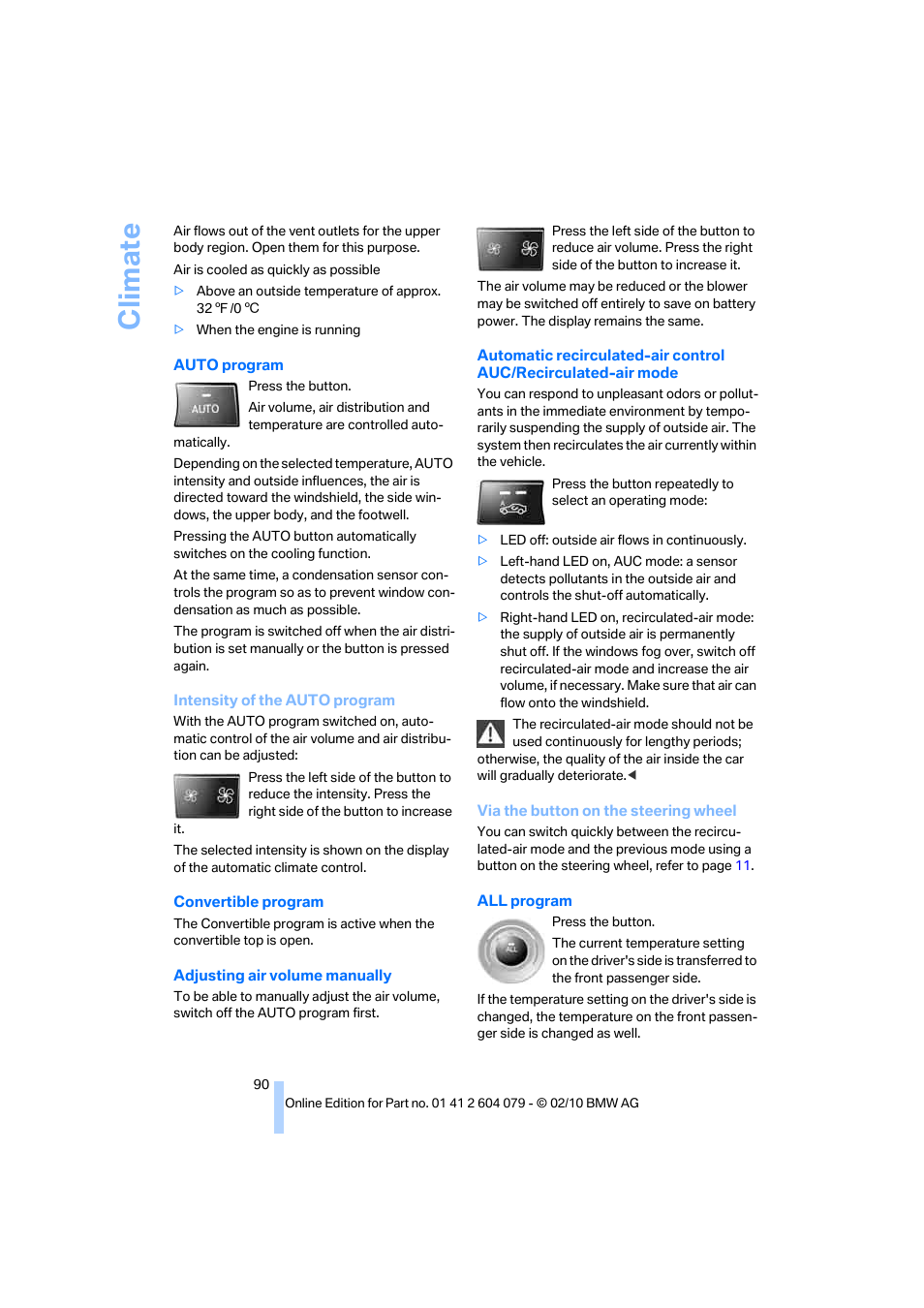 Auto program bel, Climate | BMW 135i Convertible 2011 User Manual | Page 92 / 176