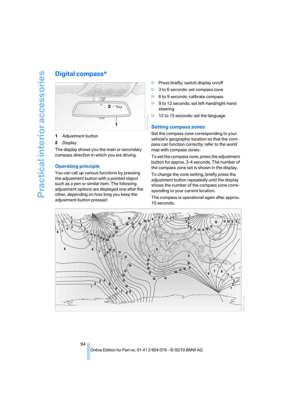 Digital compass, Practical interi or acc ess orie s | BMW 135i Convertible 2011 User Manual | Page 96 / 176